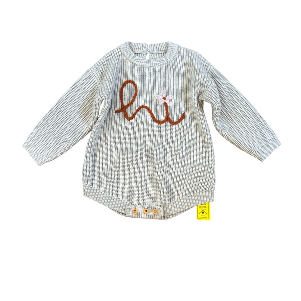 SHEIN Knit Romper Kids Grey‎ Hi Flower Embroidered Sweater One Piece SIZE 12-18M
